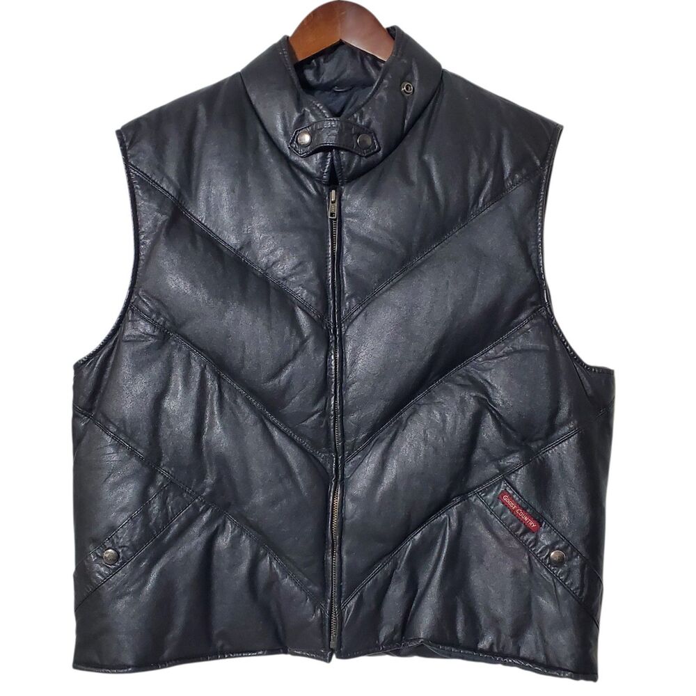 Goose Country Bomber Vest Size 44 Full Zip Down Feathers Leather Black Mens